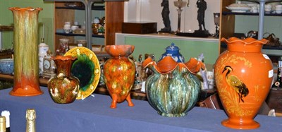 Lot 187 - Six pieces of Linthorpe pottery, shape No.1615 (chipped rim, 17.5cm), shape No.1896 (restored...