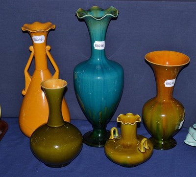 Lot 190 - Five Linthorpe pottery vases, shape No.1638 (restored rim, 32cm), shape No.2206 (restored rim,...