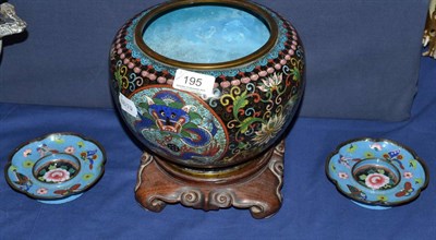 Lot 195 - Cloisonne bowl and stand together with two small dishes (3)