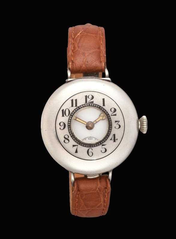 Lot 2158 - An Early Silver Enamel Dial Wristwatch, 1918,...