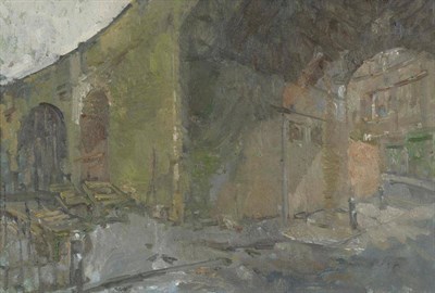 Lot 826 - Peter Greenham RA (1909-1992) "Railway Bridge Nr Southwark " Initialled, inscribed verso, oil...