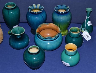 Lot 199 - Nine pieces of Linthorpe pottery, blue glazed, pair of vases (restored, 11.5cm), shape No.1608...