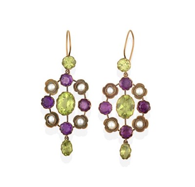 Lot 2207 - A Pair of Suffragette Amethyst, Peridot and...