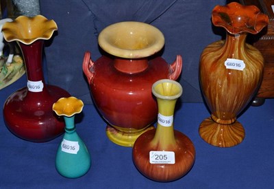 Lot 205 - Five Linthorpe pottery vases, shape No.2010 (damaged rim, 23cm), shape No. 1749 (damaged rim...