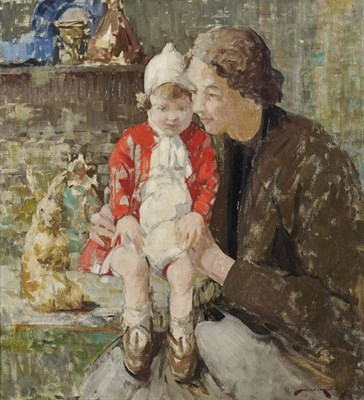 Lot 827 - William Lee Hankey RWS, RI, ROI, RE, NS (1869-1952) Mother and child in an interior, a toy...