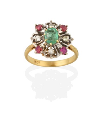 Lot 2264 - An Emerald, Ruby and Diamond Ring, the oval...
