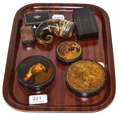 Lot 221 - Scottish ramshorn snuff mull, with hinged cover, snuff box with portrait of a gentleman and...