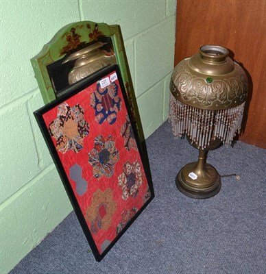 Lot 227 - Green lacquered Japanned mirror, a patchwork fragment and a brass oil lamp (converted)