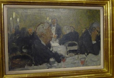 Lot 829 - Bernard Dunstan, RA, (1920-2005)  "R.A.Dinner Sidney's speech "  Initialled, oil on board,...