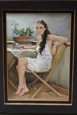 Lot 830 - Francesca Strino (b.1979) Italian  "Morning Coffee " Signed, oil on canvas, 72cm by 53cm