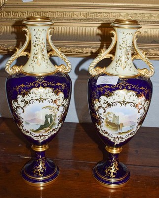 Lot 369 - A pair of Coalport twin handled vases, painted...