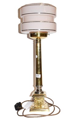 Lot 339 - Brass table lamp on square base with pale pink...