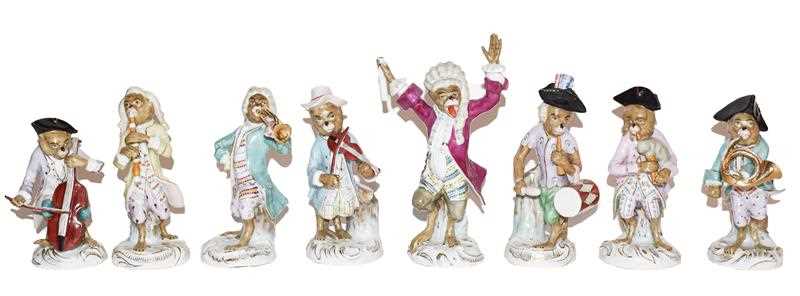 Lot 7 - A Volkstedt eight piece monkey band after Meissen