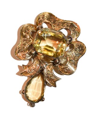 Lot 257 - A citrine brooch with a central drop, unmarked,...