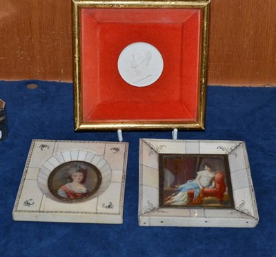 Lot 267 - Two portrait miniatures in piano-key frames and a framed Canova plaster medallion