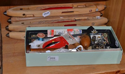 Lot 269 - Sewing related items, including scuttles, bobbing, thimbles etc