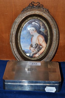 Lot 272 - Silver box with engine turned decoration and an oval miniature of a lady with a dog