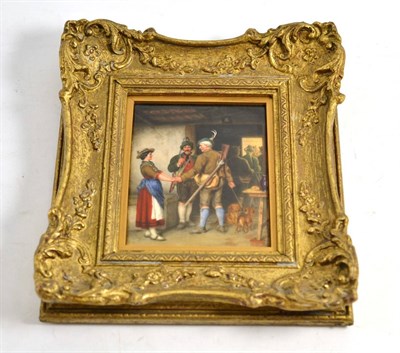 Lot 273 - A KPM Berlin porcelain plaque, circa 1870, painted with huntsmen in an inn interior, impressed...