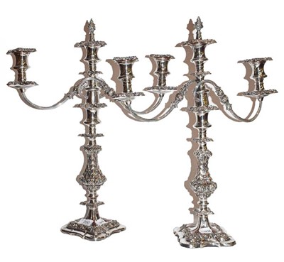 Lot 350 - A pair of silver plated three light candelabra