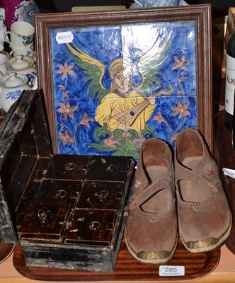 Lot 285 - Hinged spice tin with six compartments, pair of brown leather clogs, a tiled picture in an oak...