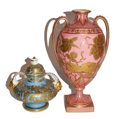 Lot 165 - A Royal Crown Derby vase, gilt on pink and a...