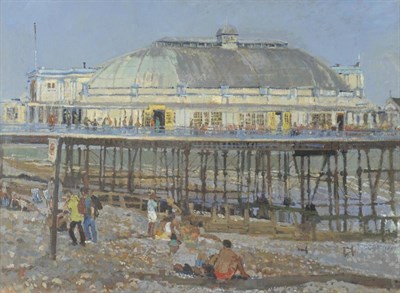 Lot 835 - Mary Jackson (b.1936)  "The Pier " Signed with initials, inscribed verso, oil on canvas, 54cm...