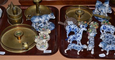 Lot 290 - Ten Deserves blue and white faience animals, pair of poodles, four flowerpot menu holders, Japanese