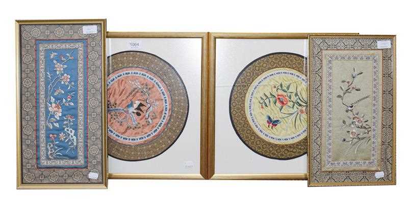 Lot 1064 - Four framed Chinese silk panels