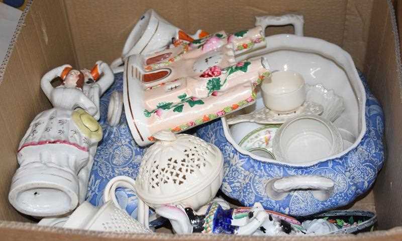 Lot 1128 - Two boxes of assorted ceramics and glass,...