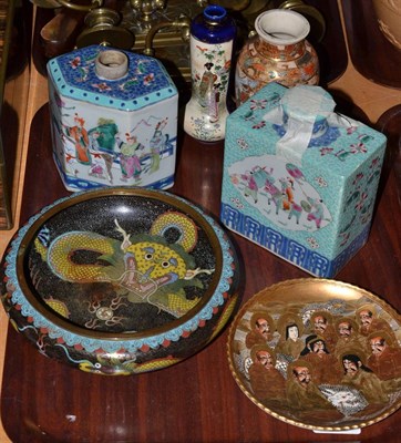 Lot 294 - Assorted Oriental wares including tea caddies, satsuma bowl and vase, a cloisonne dish etc