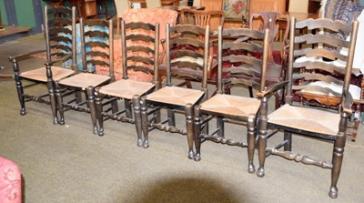 Lot 1277 - A set of six 20th century oak and rush seated...