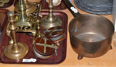 Lot 295 - Three wood and brass fishing reels, brass trivet, skillet and candlesticks