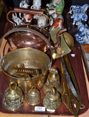 Lot 297 - Four brass bells, brass jam pan, copper kettle, four brass ladles, brass slice, brass pot hook