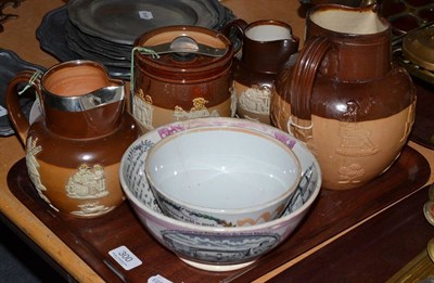 Lot 300 - Royal Doulton jug with silver mount, two other jugs and tobacco jar and two Sunderland lustre bowls