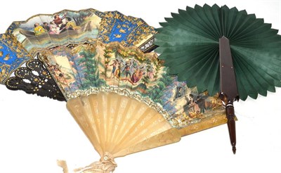 Lot 306 - Late 19th century horn fan with carved and pierced sticks and guards, with a printed paper...