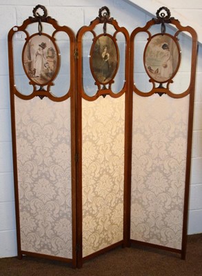 Lot 1213 - A mahogany inlaid three-fold screen glazed...