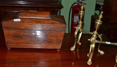 Lot 328 - Rosewood hinged box including silver mounted prayer book, sewing threads and pair of brass fire...