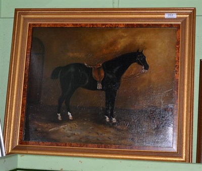 Lot 353 - Oil on canvas, bay hunter in a stable