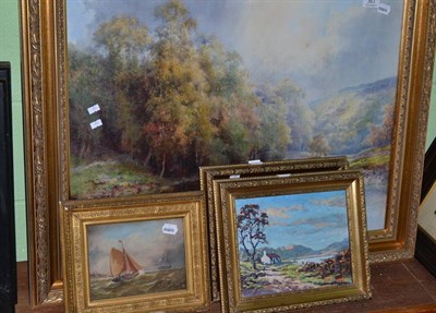 Lot 363 - A large gilt framed watercolour of a river by a mountainous landscape, a pair of modern oils...