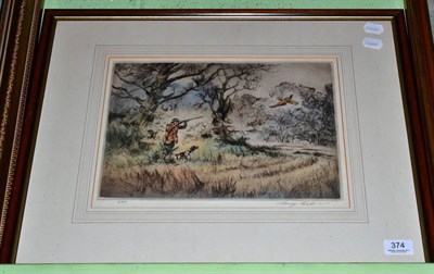 Lot 374 - After Henry Wilkinson, shooting scene, pheasant rising with a shooter and his springer, signed...