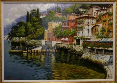 Lot 845 - Antonio Sannino (b.1959)  A view of an Italian lakeside  Signed, indistinctly inscribed verso,...