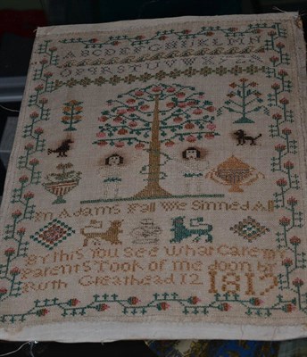 Lot 396 - Adam and Eve sampler worked by Ruth Greathead aged 12, dated 181(2), unframed