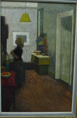 Lot 847 - Jack Millar ARCA, RBA (1921-2006) Interior scene with a girl standing under a yellow lamp shade...