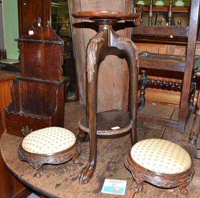 Lot 425 - Two tier tripod occasional table, a pair of Victorian circular footstools and an oak spoon rack