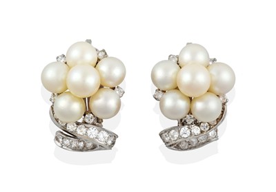 Lot 2386 - A Pair of Diamond and Cultured Pearl Earrings,...