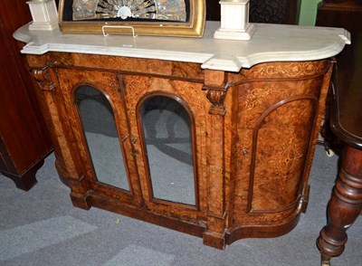 Lot 454 - A Victorian figured walnut and floral marquetry breakfront credenza, circa 1860, with white and...