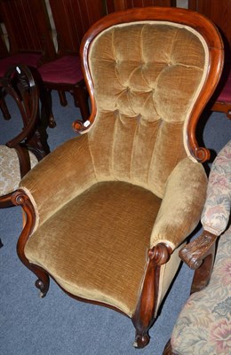 Lot 475 - Victorian mahogany framed armchair with velvet upholstery