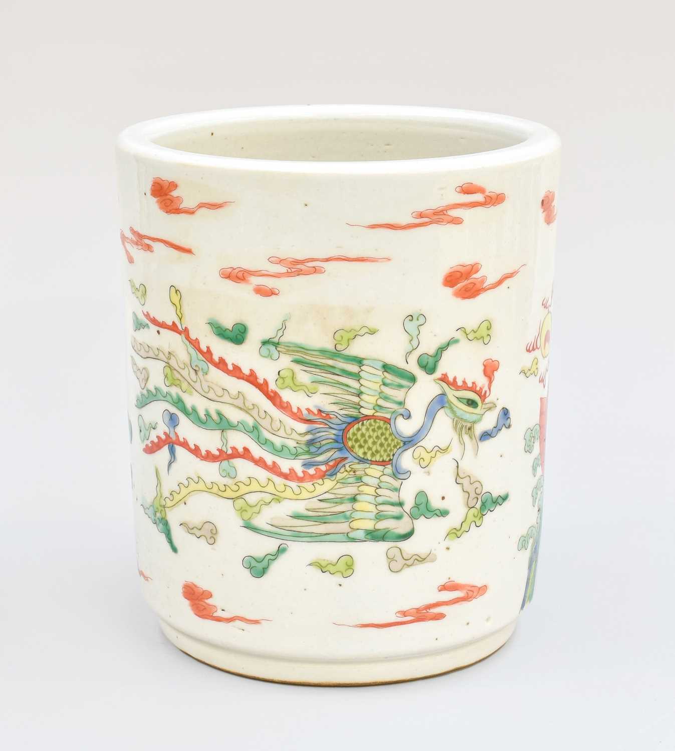 Lot 37 - A Chinese famille verte cylindrical brush pot,...