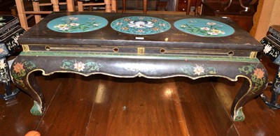 Lot 488 - Black Japanned coffee table with three cloisonne panels