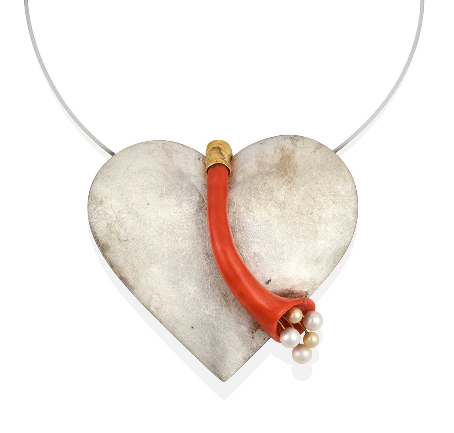 Lot 2296 - A Coral Type and Cultured Pearl Large Heart...